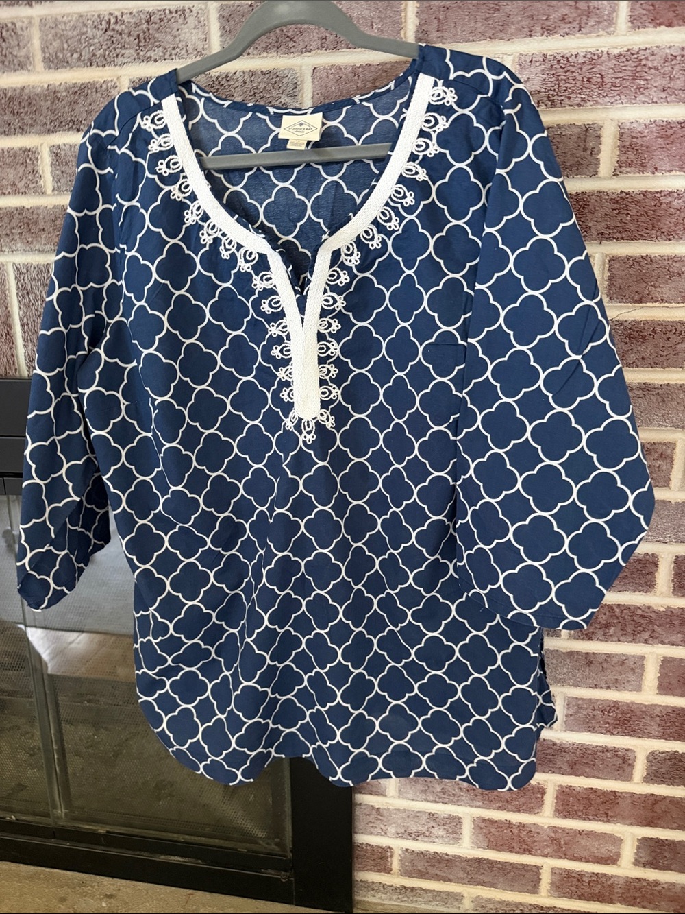 St. John's Bay Navy Tunic with White Geometric Print & Lace Trim